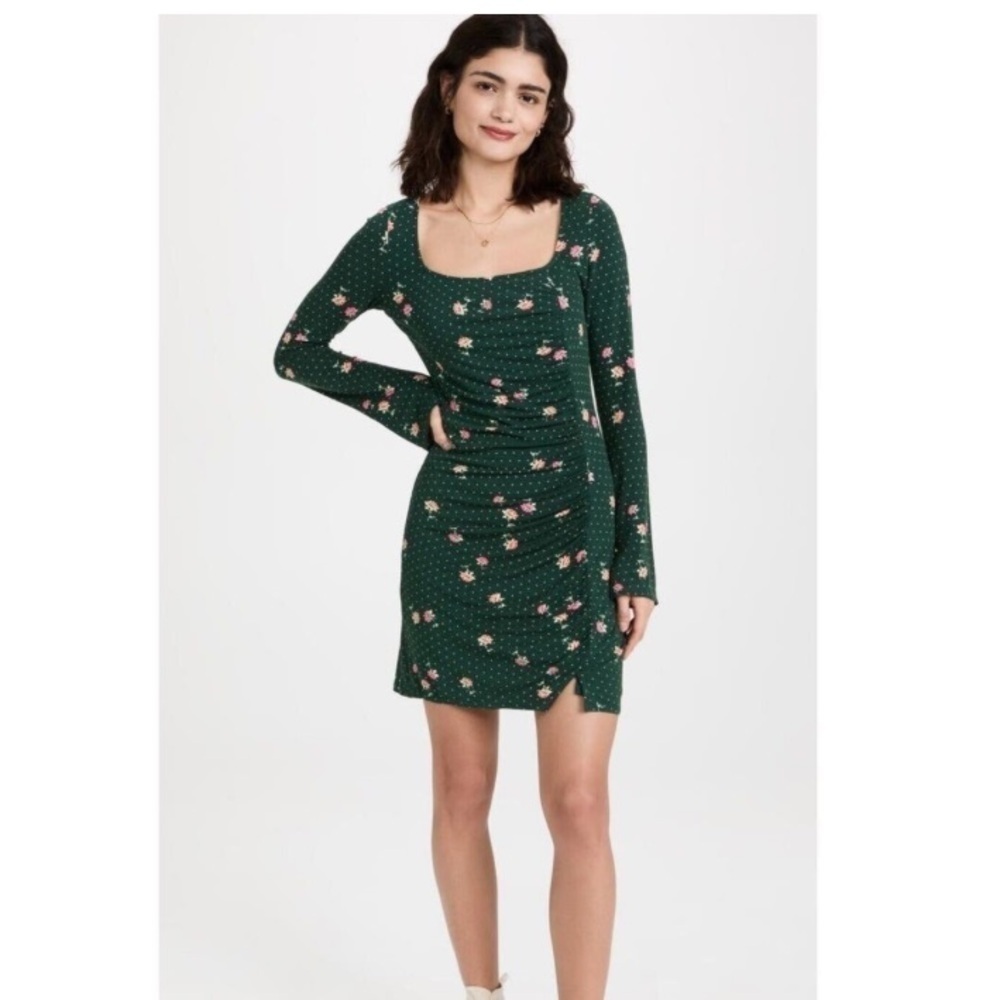 Free People Cecilia Floral Mini Dress Emerald Green Square Neck Ruched Bodycon L - Picture 9 of 9